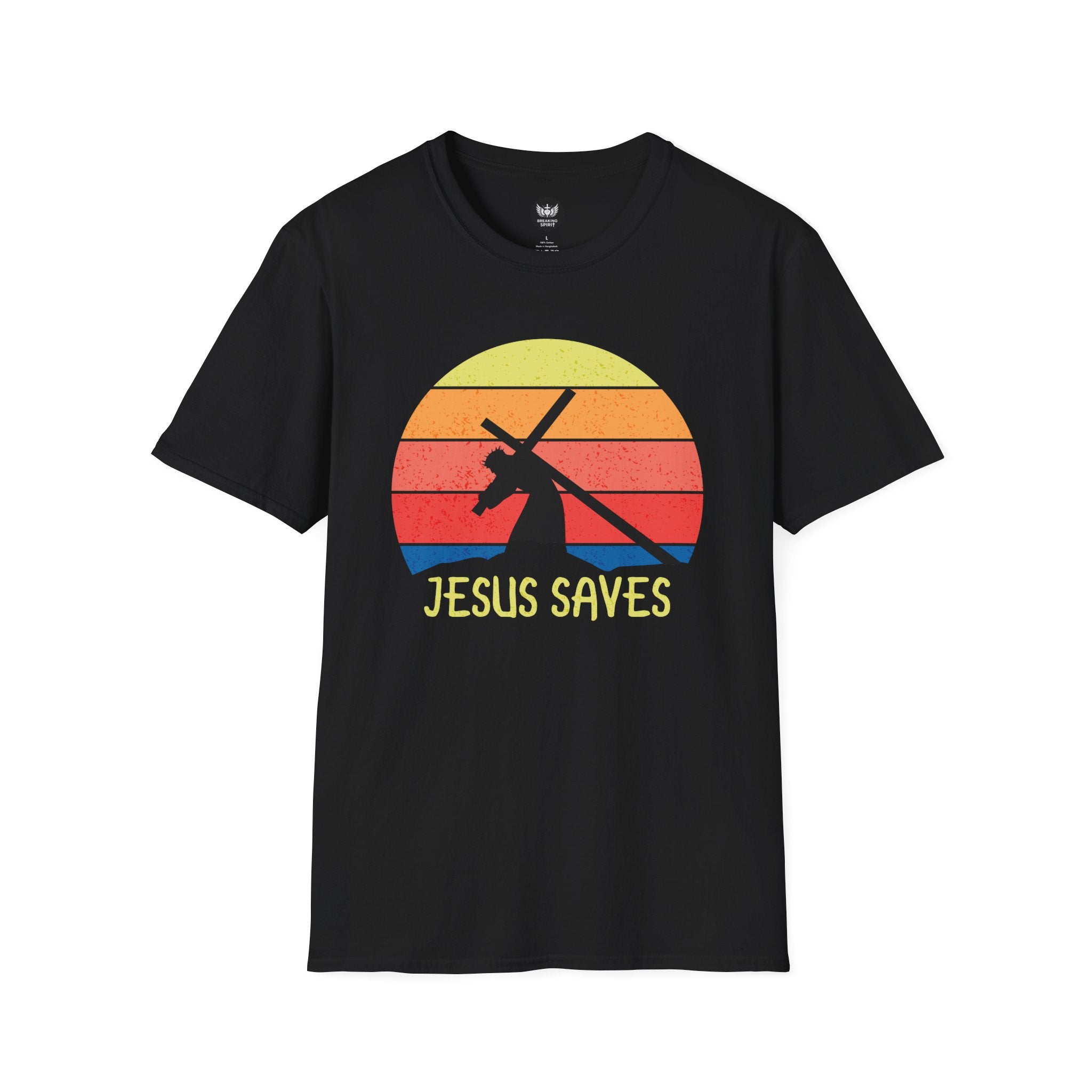 Jesus Saves Tee — Retro Sunset Cross Silhouette Christian T-Shirt