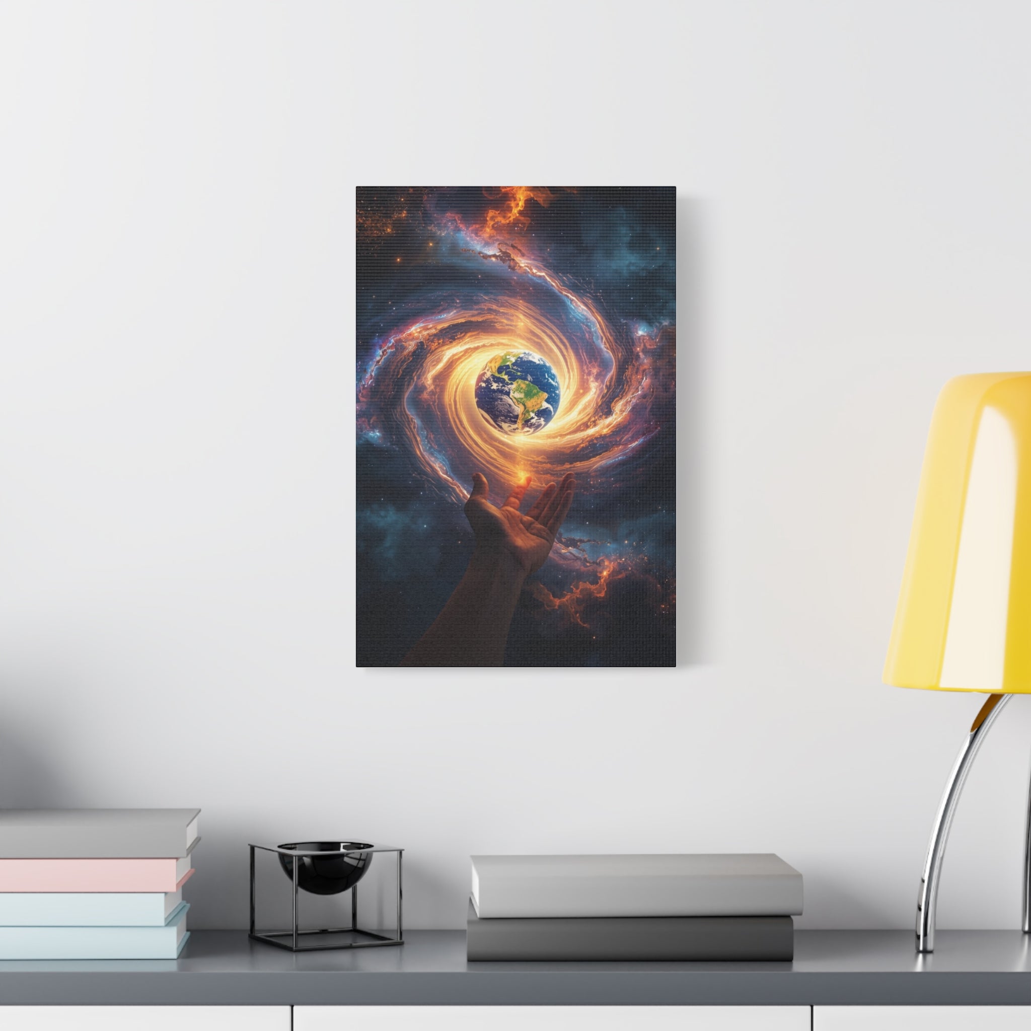 Cosmic Hands Earth Art Canvas — Surreal Galaxy Wall Decor