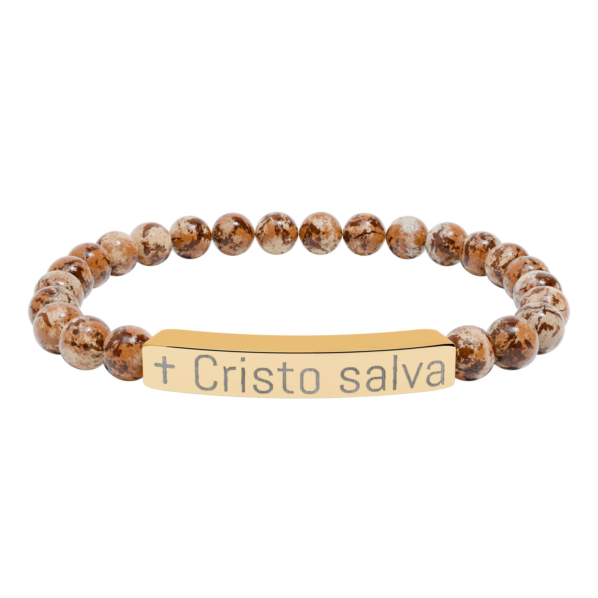Engraved 'Cristo salva' Natural Stone Stretch Bracelet — Spiritual Beaded Bracelet