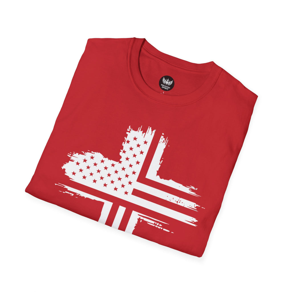 Patriotic Cross T-Shirt — Distressed American Flag Christian Tee