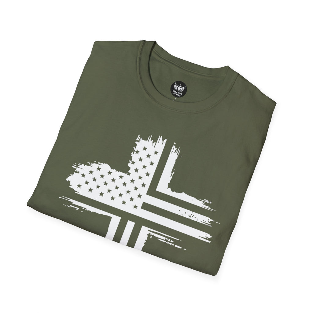 Patriotic Cross T-Shirt — Distressed American Flag Christian Tee