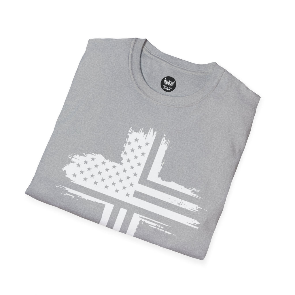 Patriotic Cross T-Shirt — Distressed American Flag Christian Tee