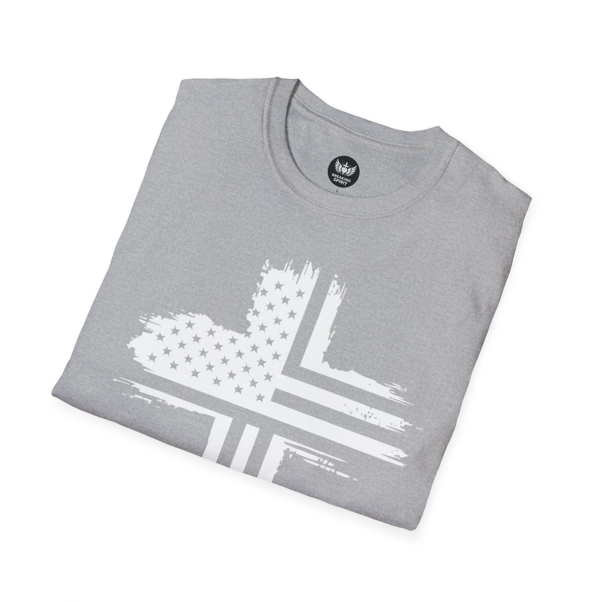Patriotic Cross T-Shirt — Distressed American Flag Christian Tee