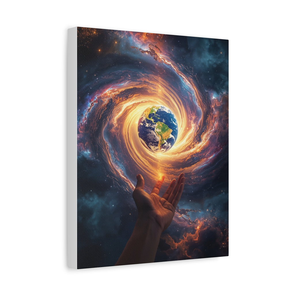 Cosmic Hands Earth Art Canvas — Surreal Galaxy Wall Decor