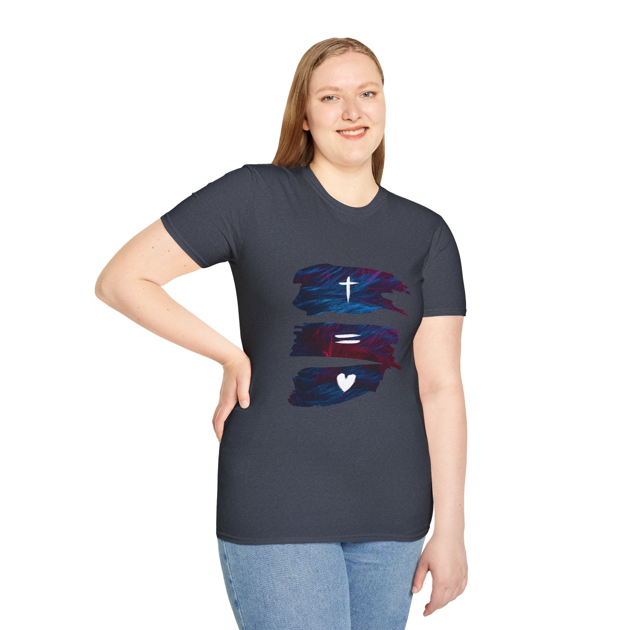 Cross, Equals, Heart shirt | Christian faith brushstroke design T-Shirt