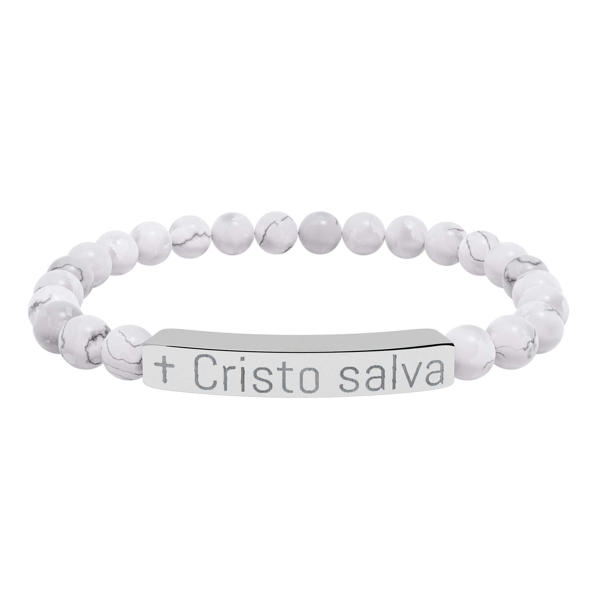 Engraved 'Cristo salva' Natural Stone Stretch Bracelet — Spiritual Beaded Bracelet