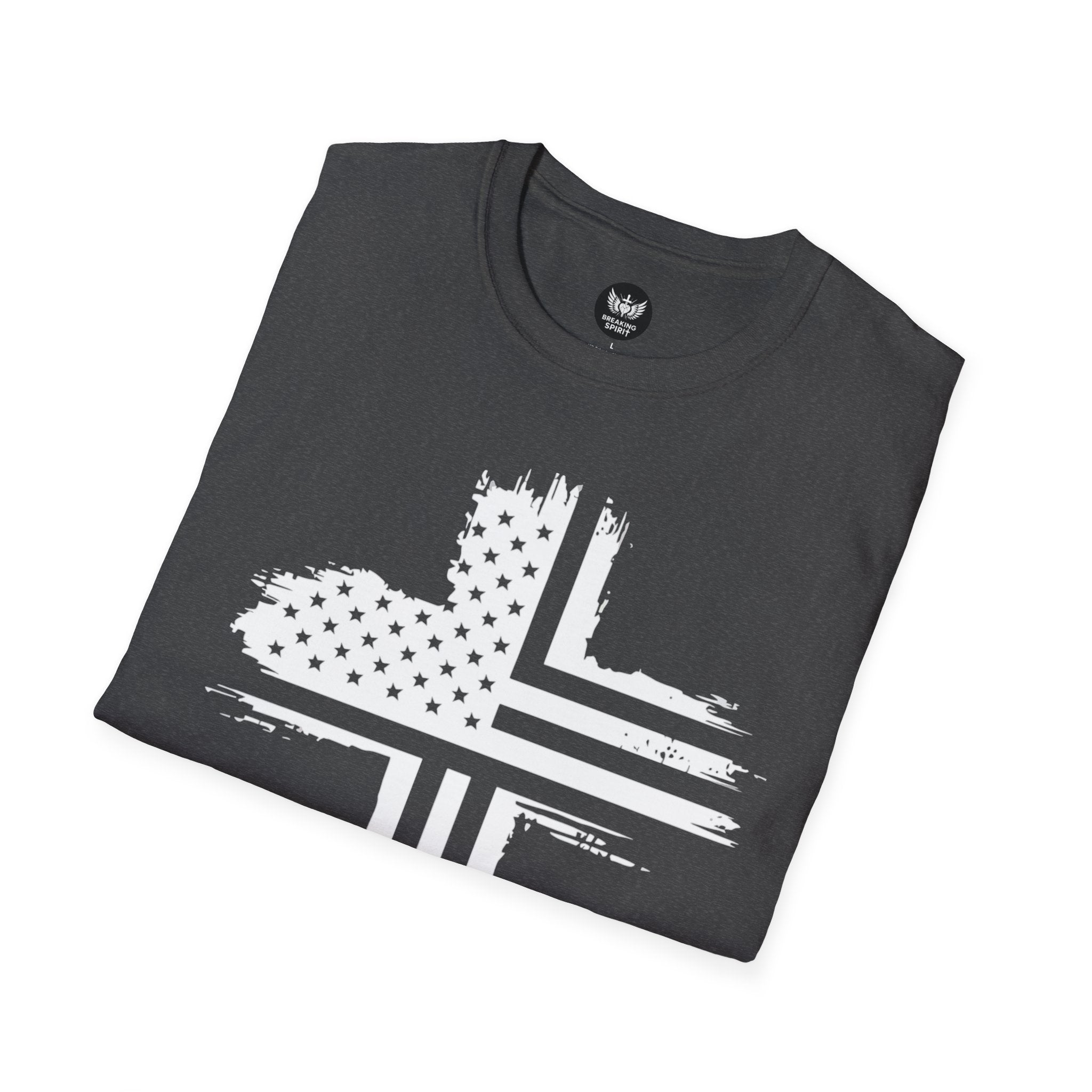 Patriotic Cross T-Shirt — Distressed American Flag Christian Tee