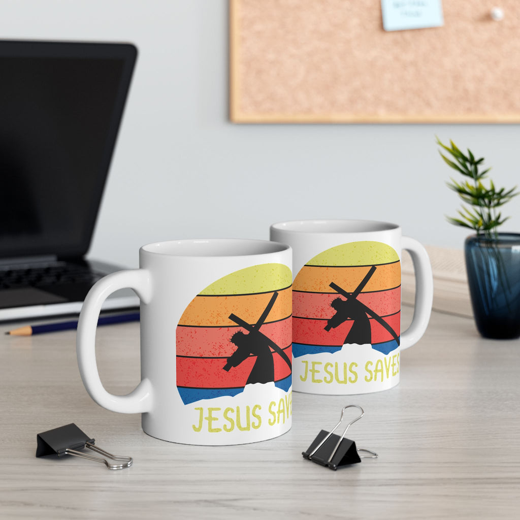 Jesus Saves Mug — Retro Sunset Christian Coffee Cup (11oz, 15oz)