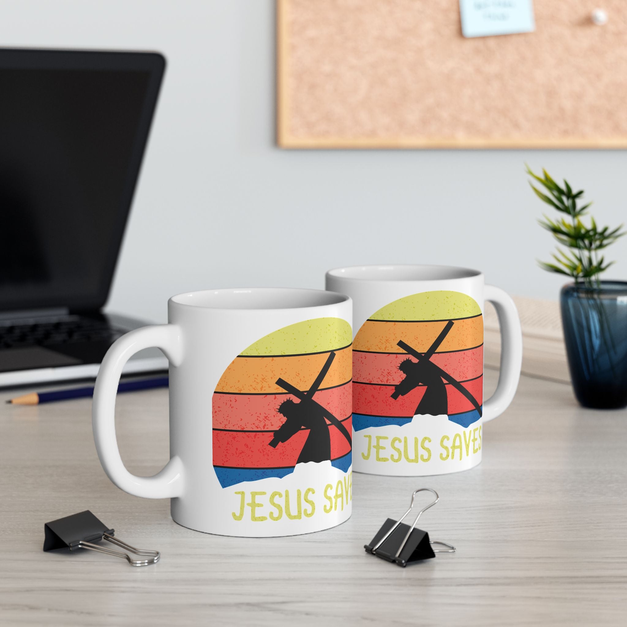Jesus Saves Mug — Retro Sunset Christian Coffee Cup (11oz, 15oz)