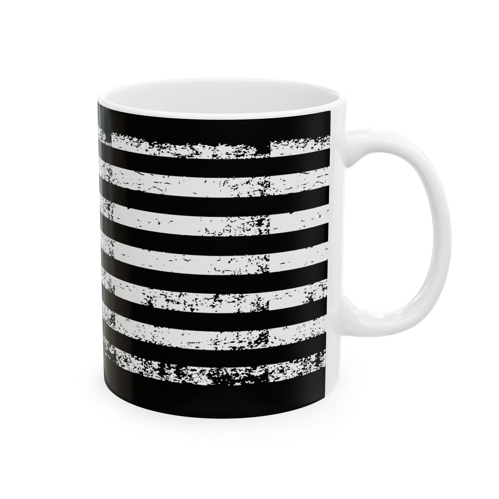 Christian American Flag Mug — Distressed Black & White Flag with Red Cross (11oz, 15oz)