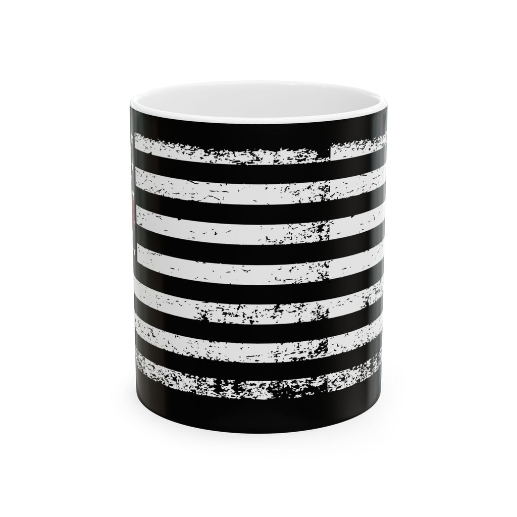 Christian American Flag Mug — Distressed Black & White Flag with Red Cross (11oz, 15oz)