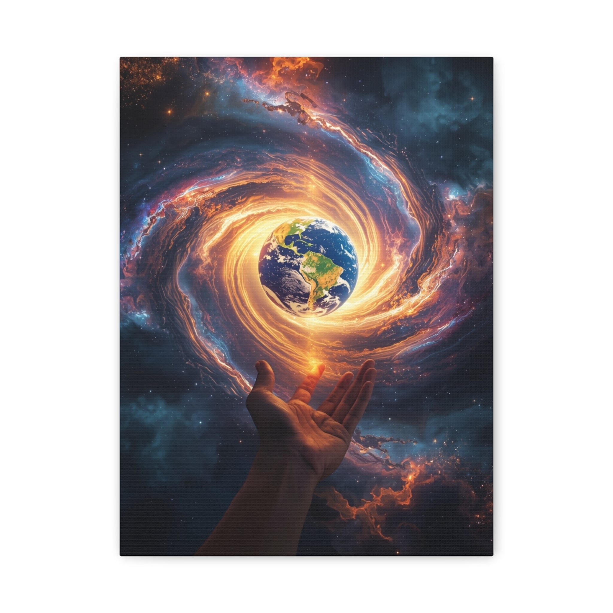 Cosmic Hands Earth Art Canvas — Surreal Galaxy Wall Decor