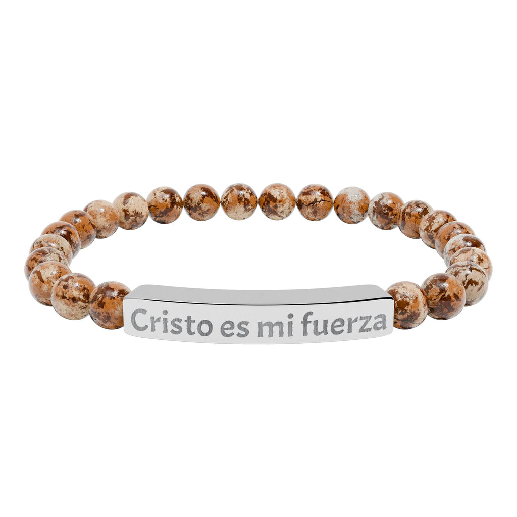 Pulsera elástica de piedra natural grabada — "Cristo es mi fuerza"