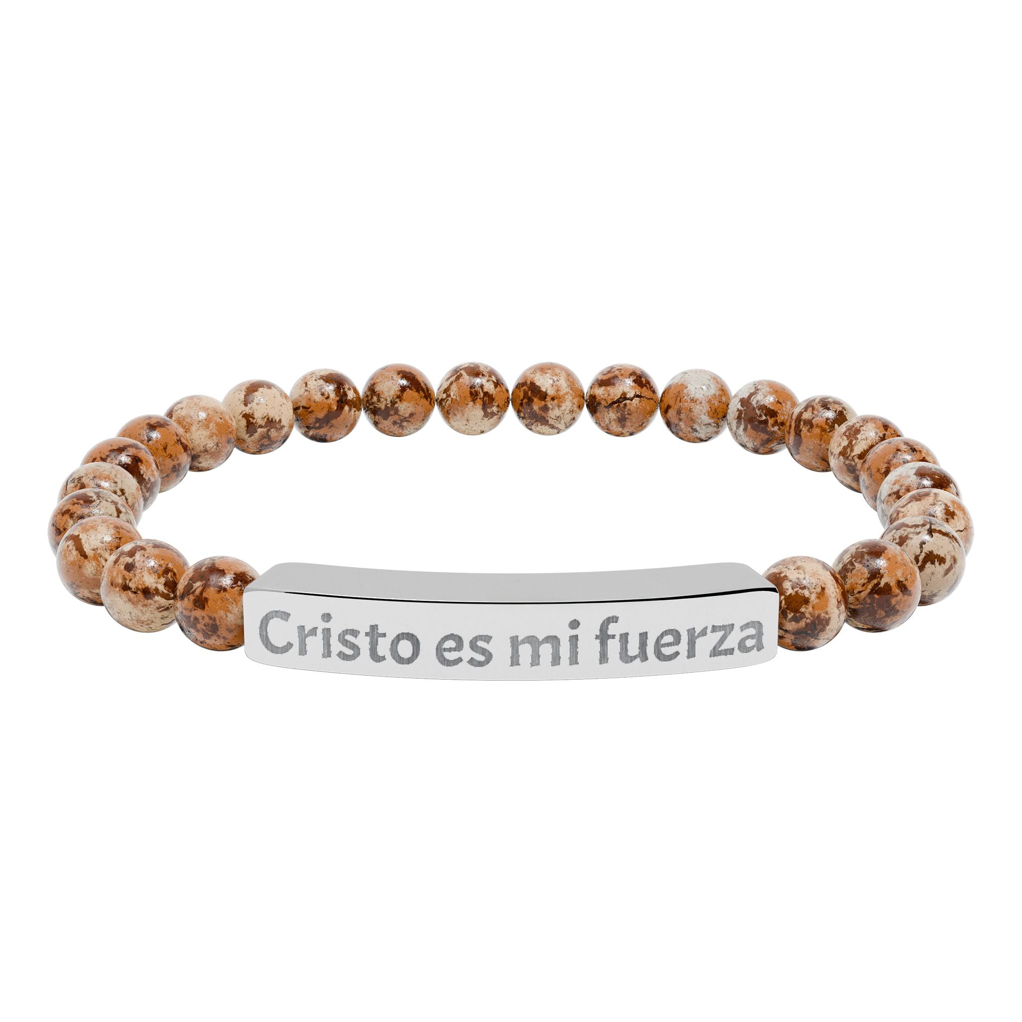 Engraved Natural Stone Bar Bracelet — "Cristo es mi fuerza" Stretch Bracelet