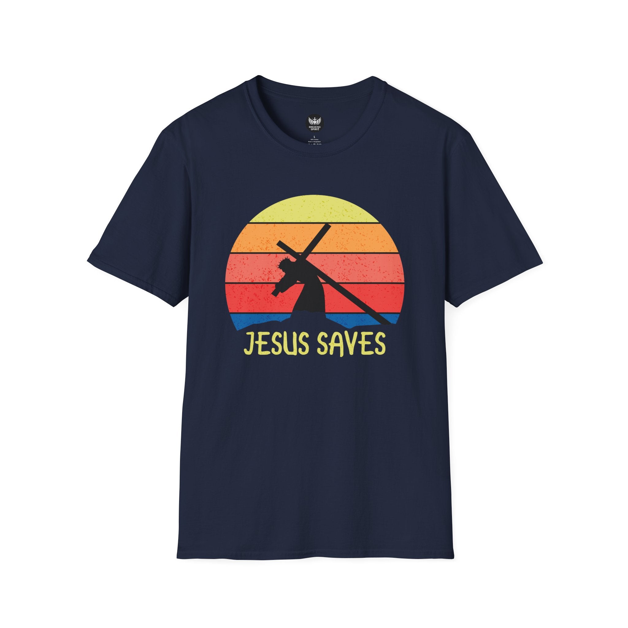 Jesus Saves Tee — Retro Sunset Cross Silhouette Christian T-Shirt