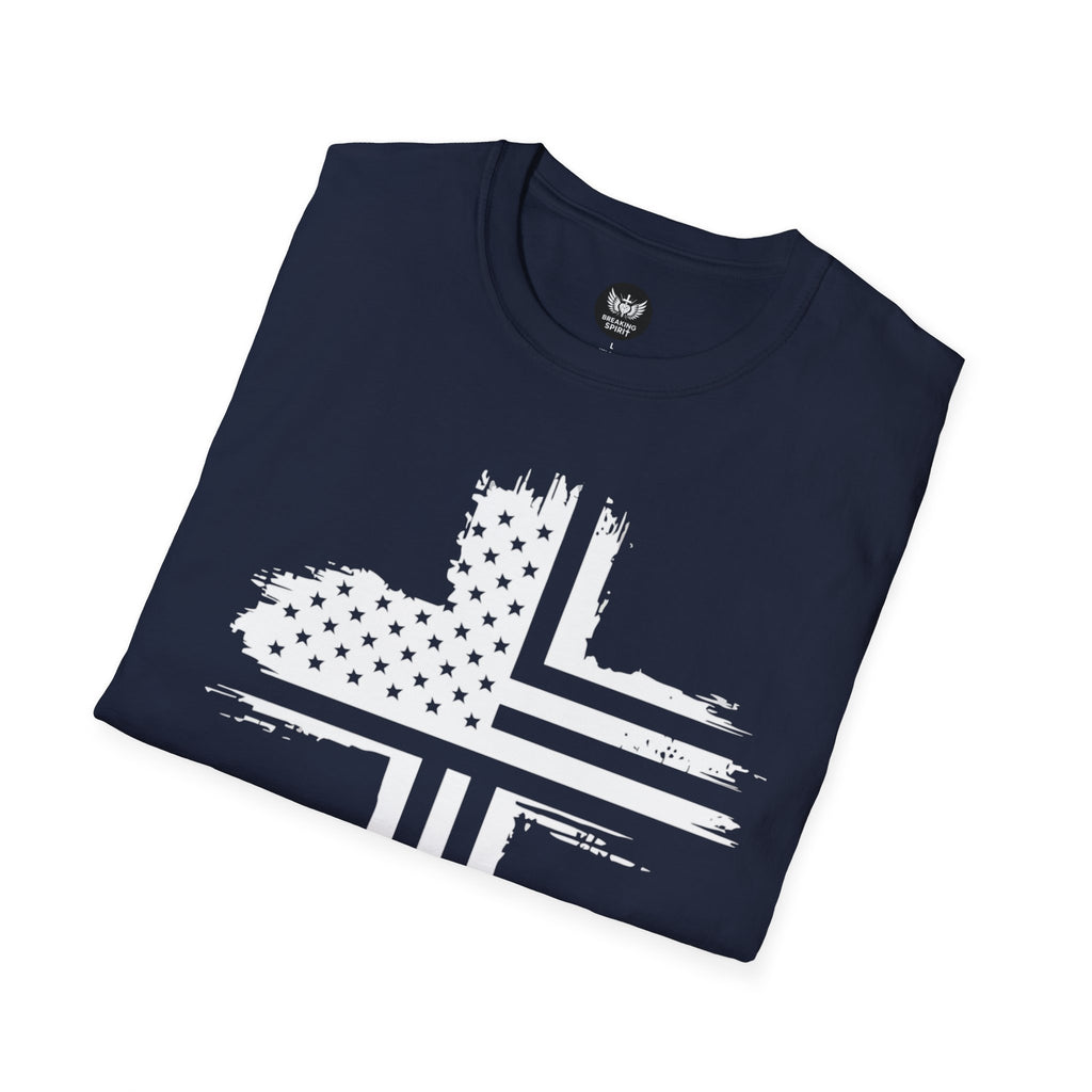 Patriotic Cross T-Shirt — Distressed American Flag Christian Tee