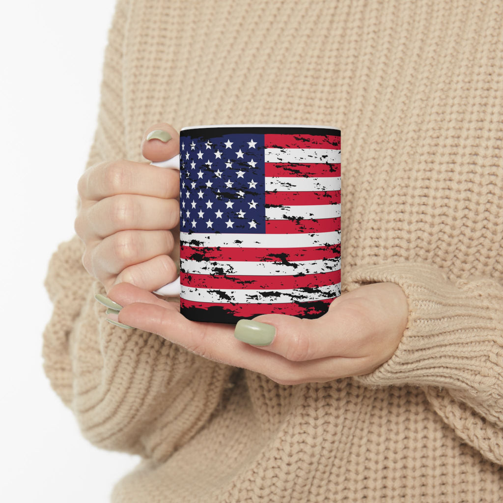 Distressed American Flag Ceramic Mug — Patriotic Coffee Cup (11oz & 15oz)