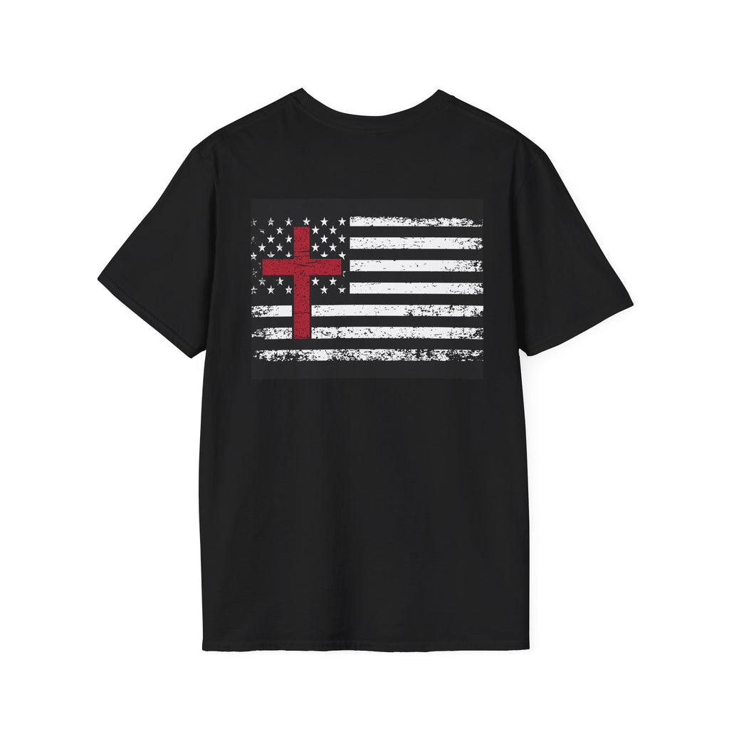 Faith & Freedom T-Shirt — "Faith built my foundation, and freedom lets me stand tall" with Cross American Flag
