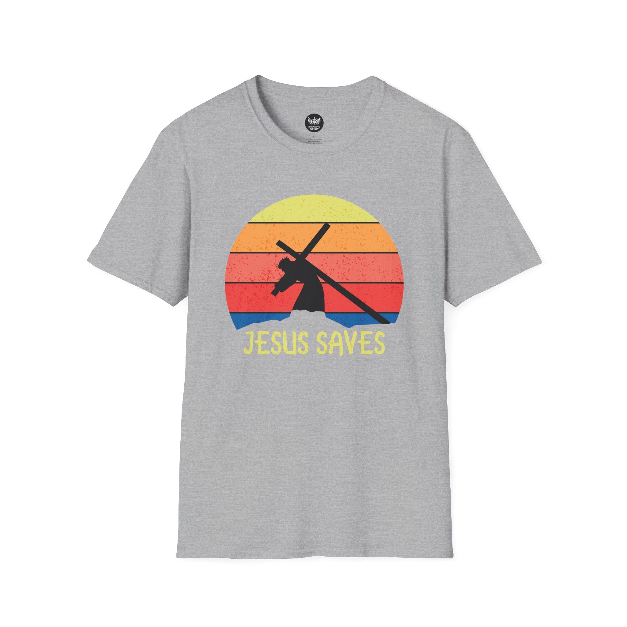 Jesus Saves Tee — Retro Sunset Cross Silhouette Christian T-Shirt