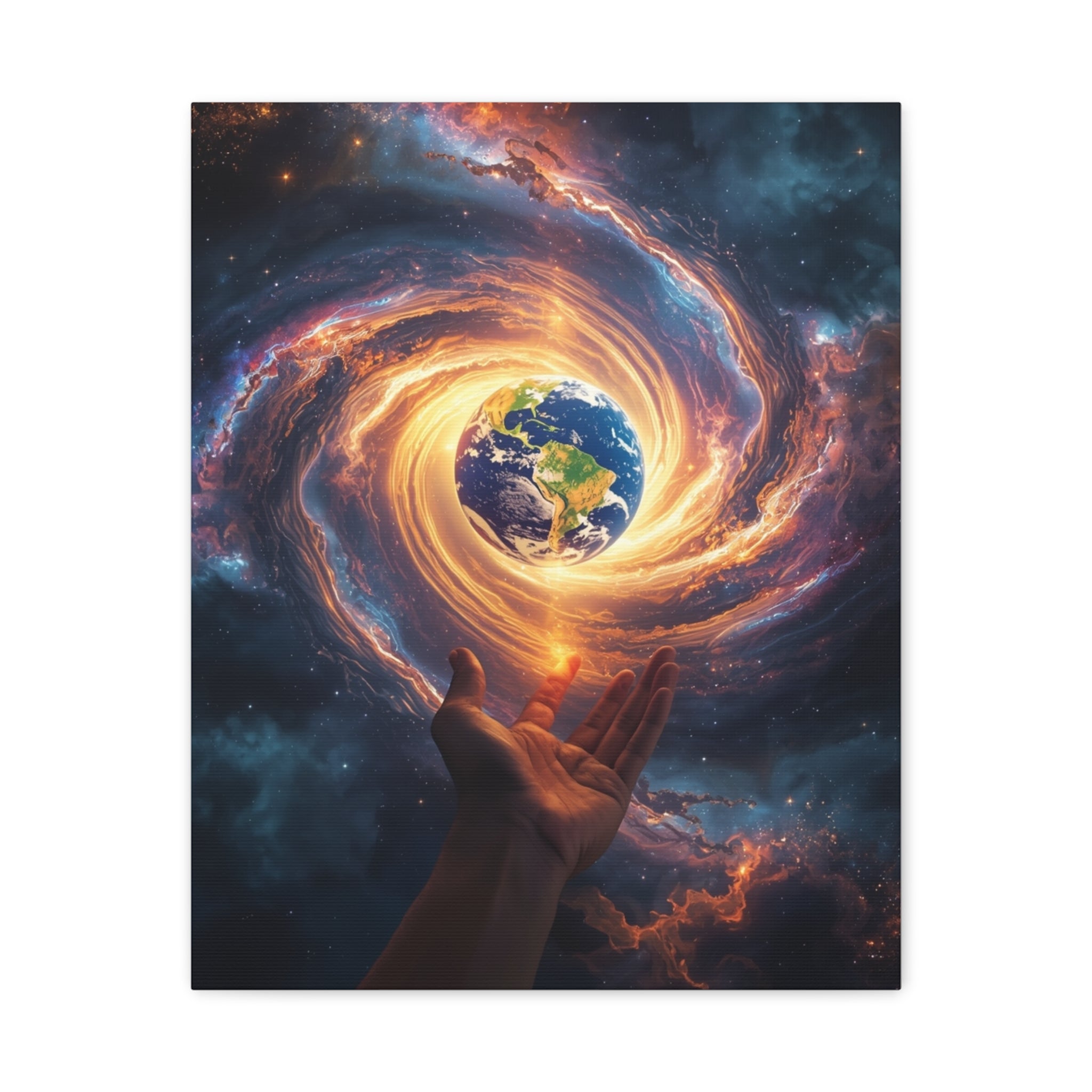 Cosmic Hands Earth Art Canvas — Surreal Galaxy Wall Decor