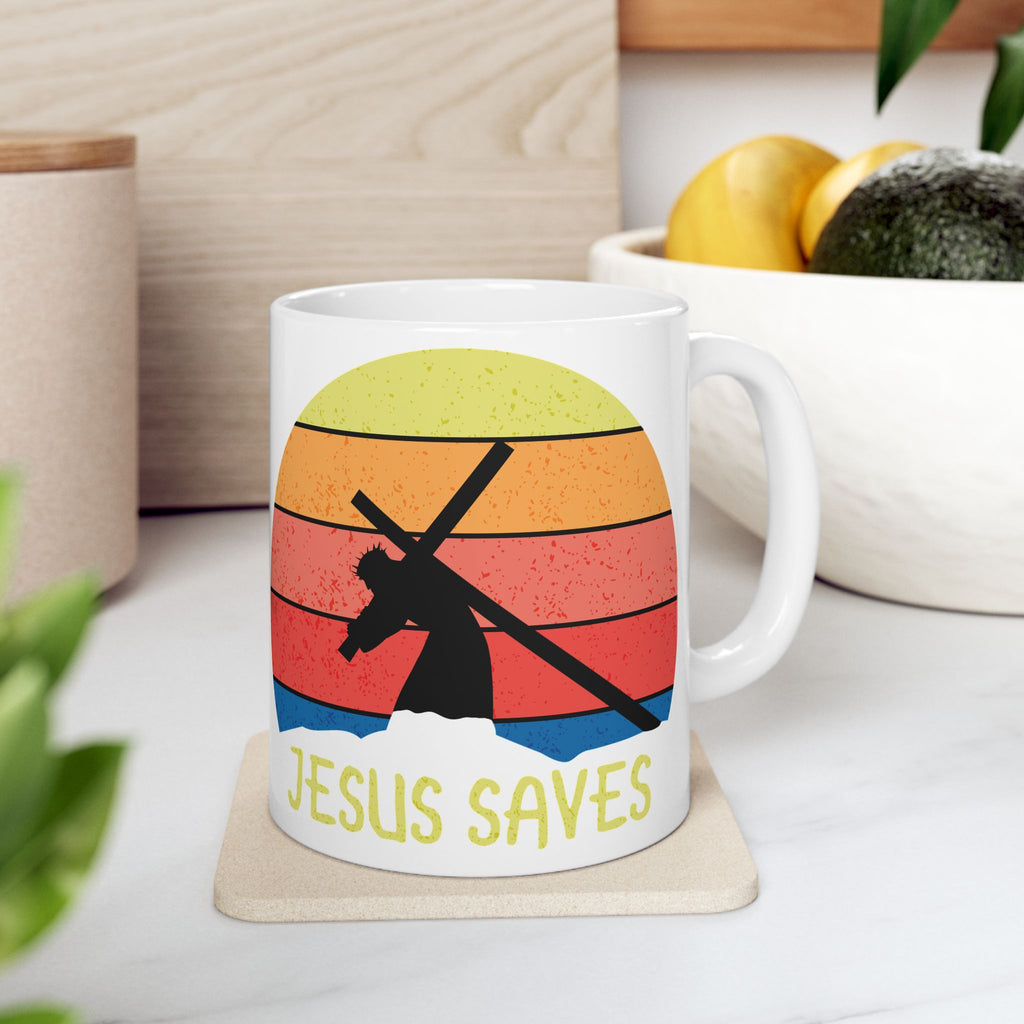 Jesus Saves Mug — Retro Sunset Christian Coffee Cup (11oz, 15oz)