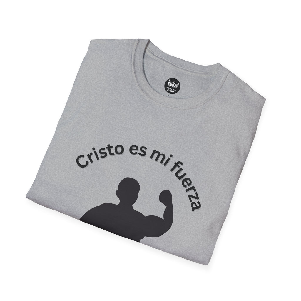 Camiseta Cristo Es Mi Fuerza — Camiseta cristiana en español con silueta de hombre fuerte