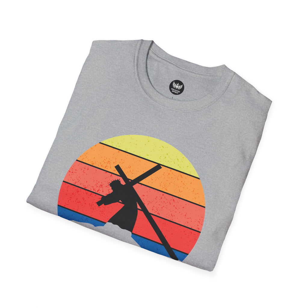 Jesus Saves Tee — Retro Sunset Cross Silhouette Christian T-Shirt