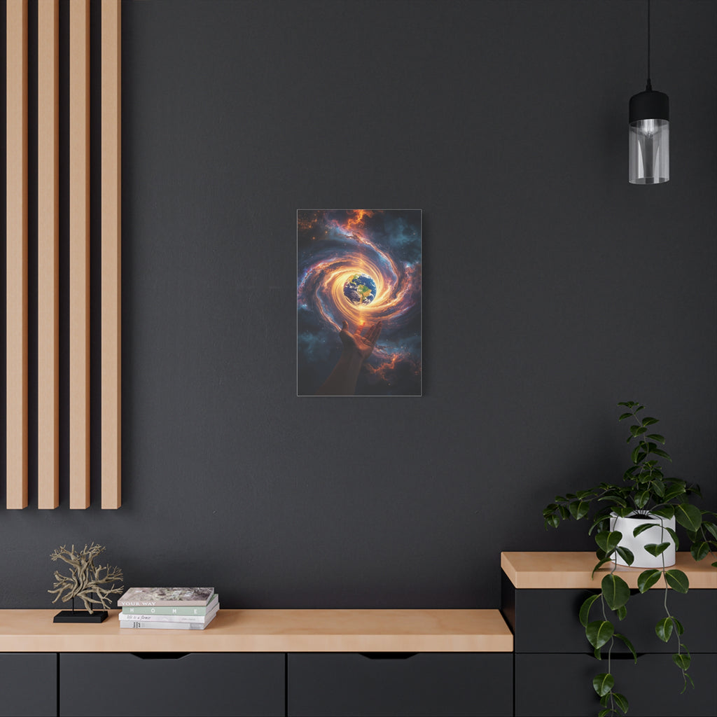 Cosmic Hands Earth Art Canvas — Surreal Galaxy Wall Decor