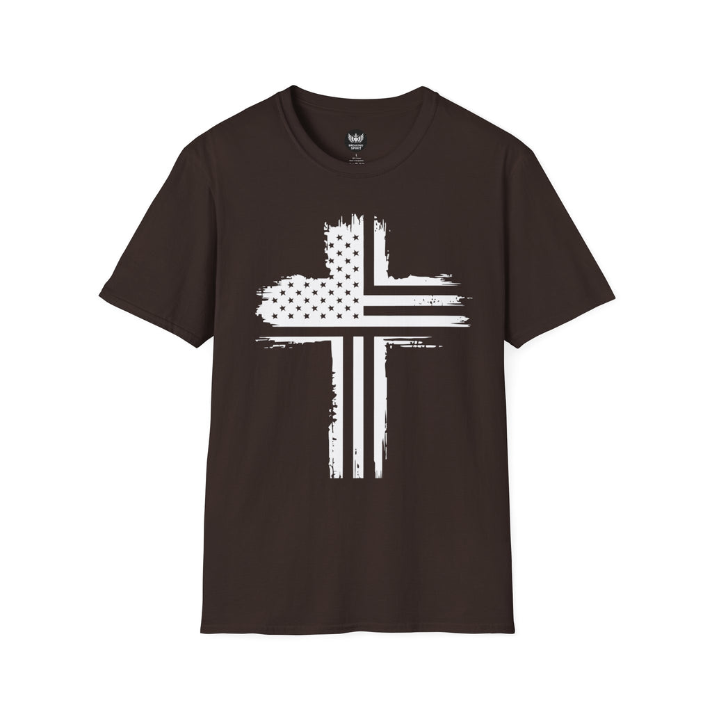 Patriotic Cross T-Shirt — Distressed American Flag Christian Tee