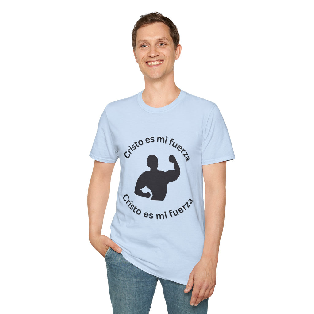 Camiseta Cristo Es Mi Fuerza — Camiseta cristiana en español con silueta de hombre fuerte