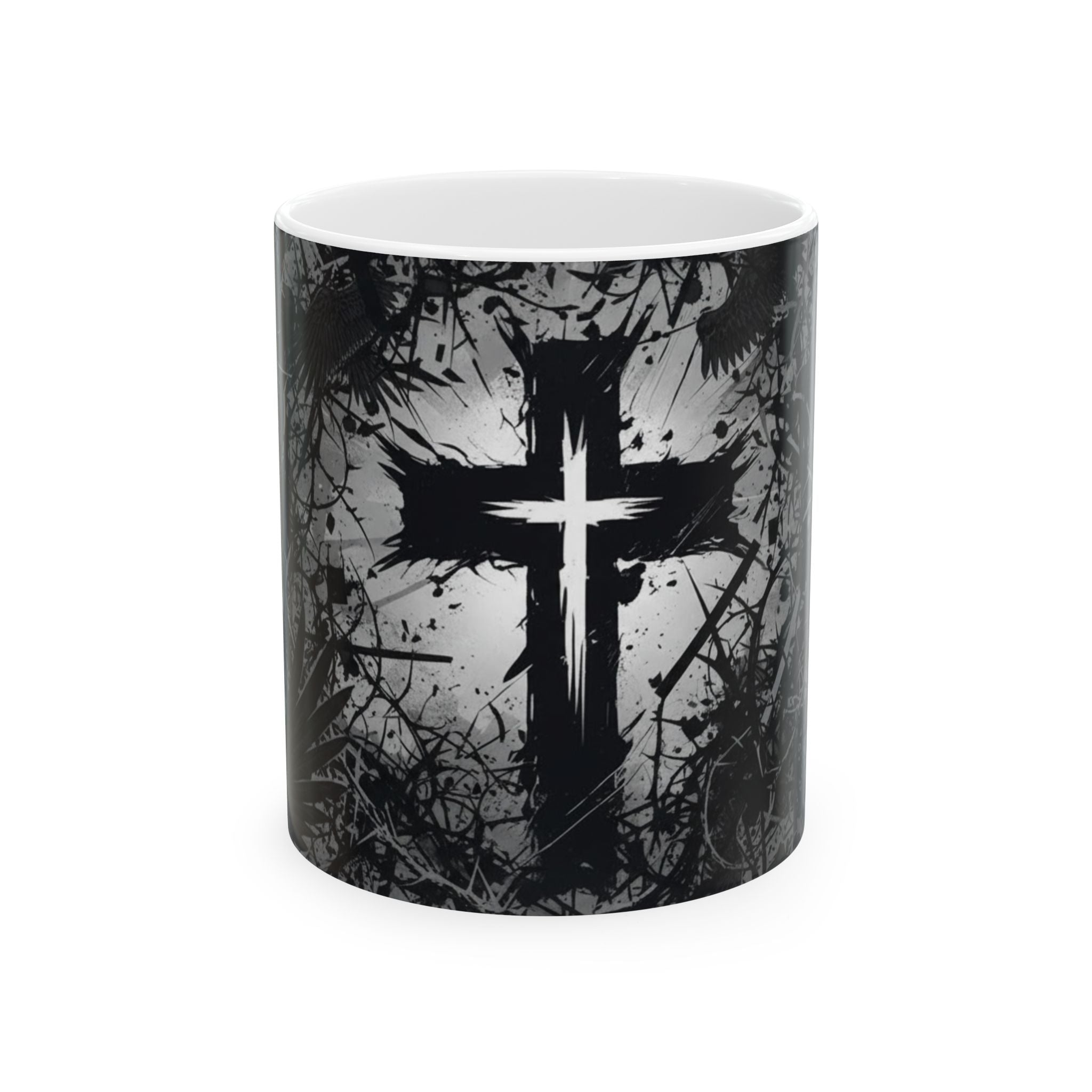 Christian Cross Ceramic Mug — Dark Grunge Faith Design (11oz & 15oz)