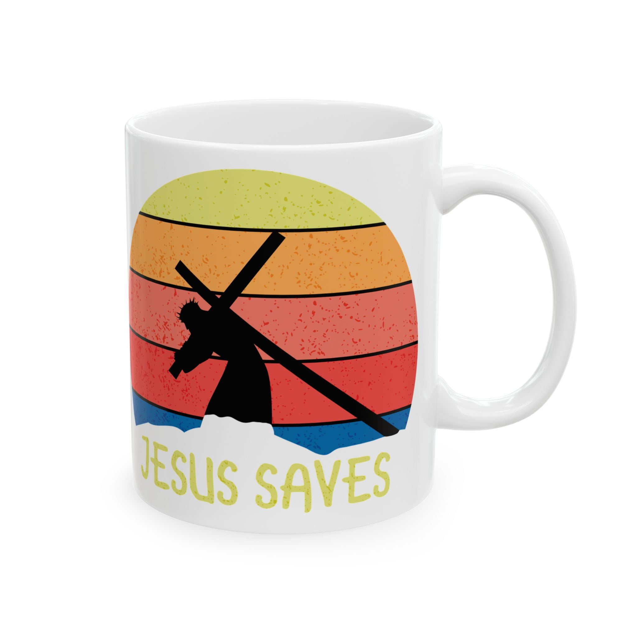 Jesus Saves Mug — Retro Sunset Christian Coffee Cup (11oz, 15oz)
