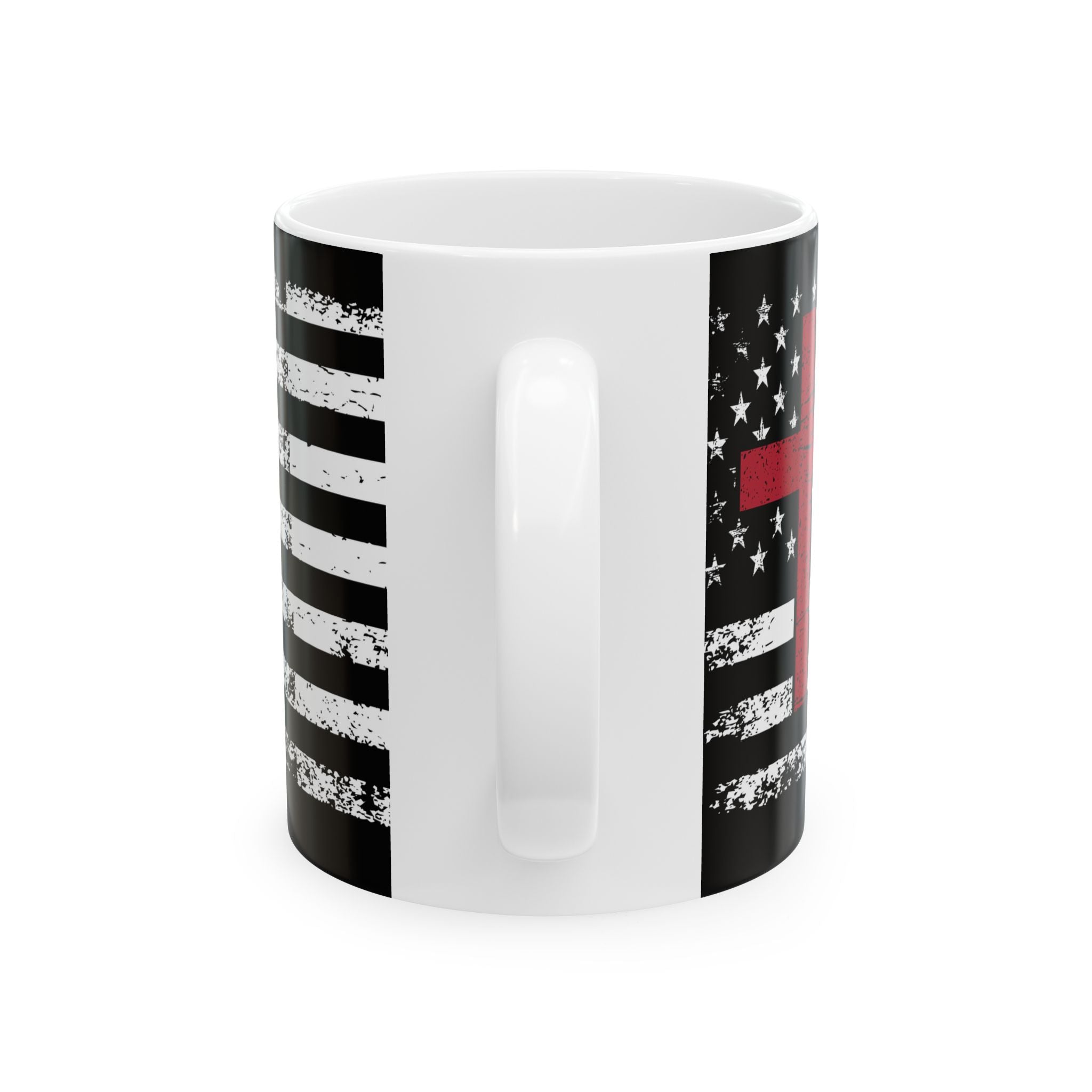 Christian American Flag Mug — Distressed Black & White Flag with Red Cross (11oz, 15oz)