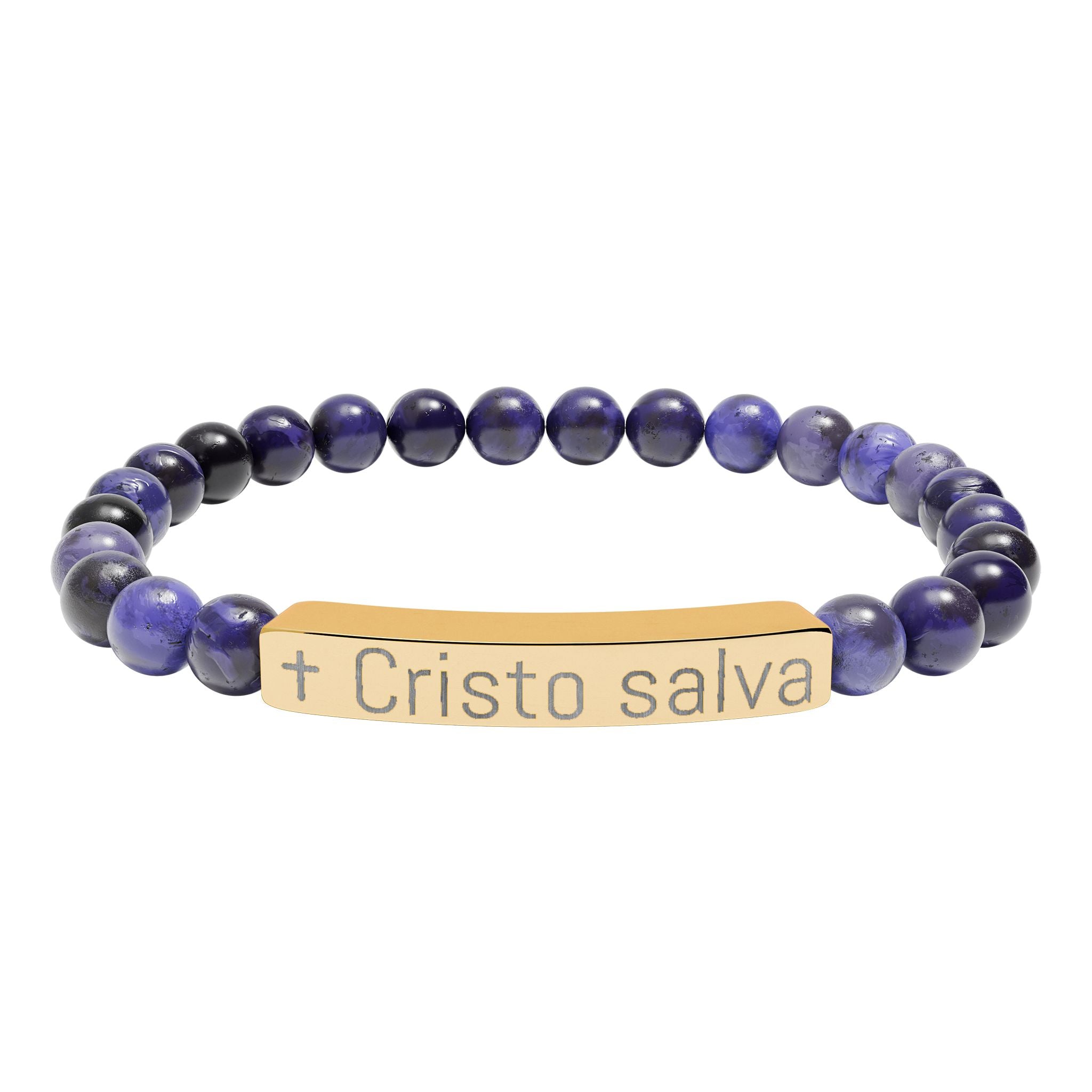 Engraved 'Cristo salva' Natural Stone Stretch Bracelet — Spiritual Beaded Bracelet