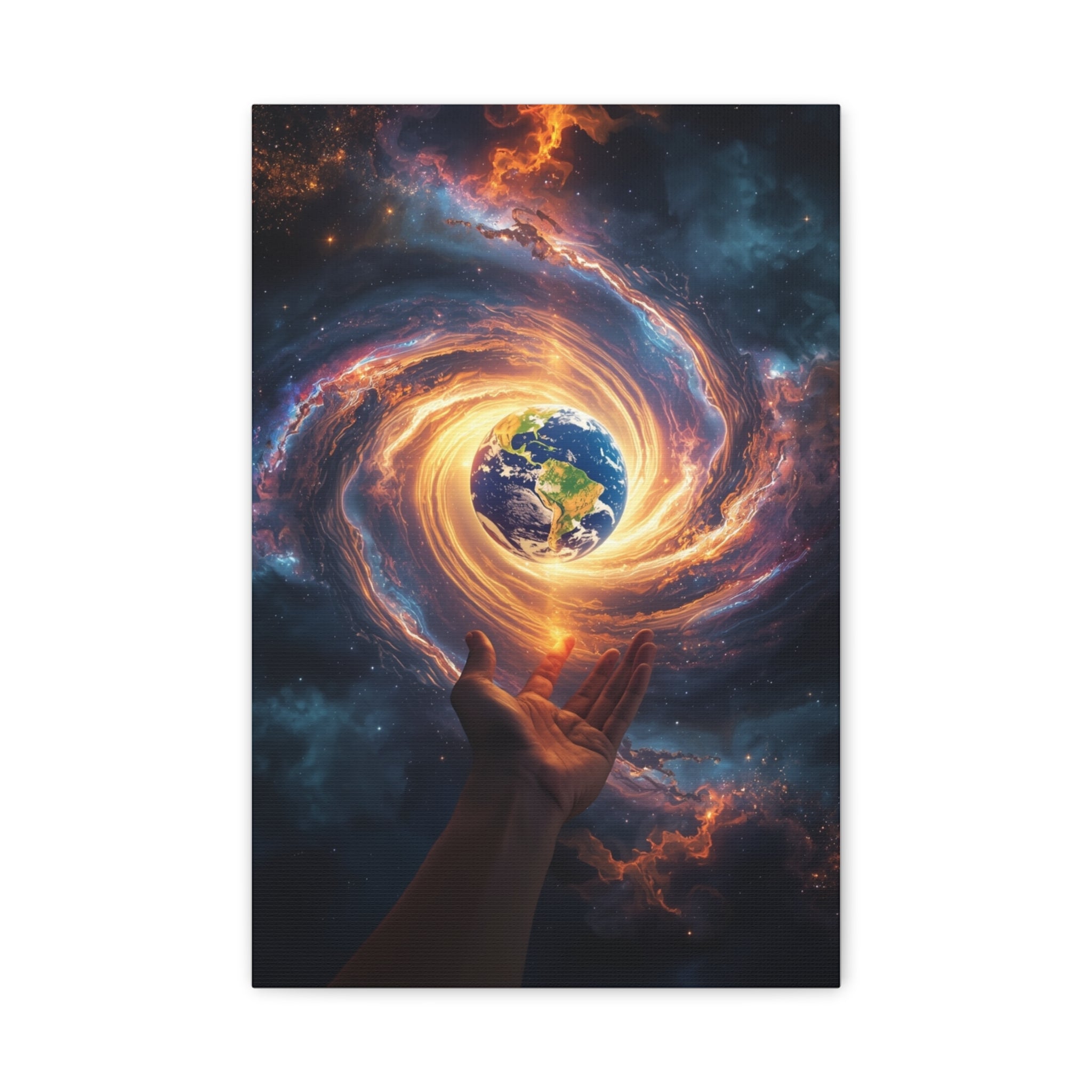 Cosmic Hands Earth Art Canvas — Surreal Galaxy Wall Decor