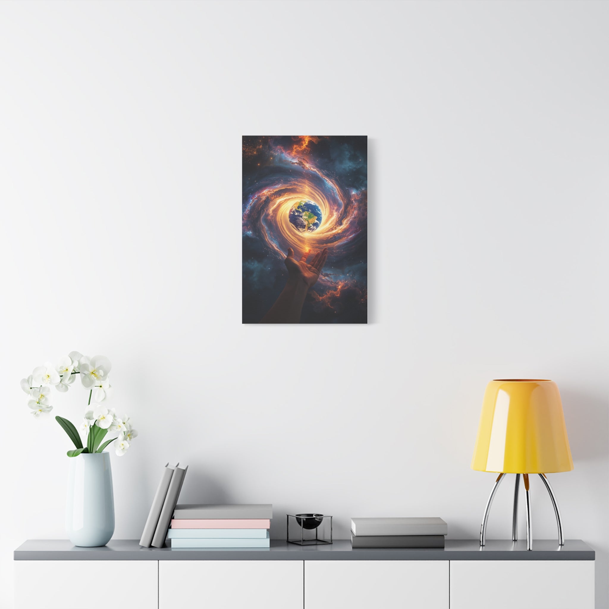 Cosmic Hands Earth Art Canvas — Surreal Galaxy Wall Decor