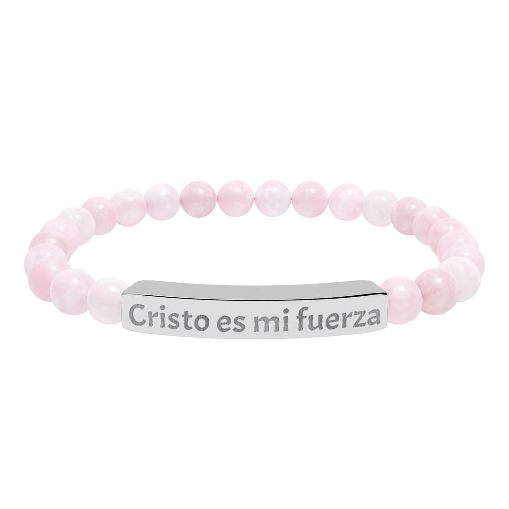 Pulsera elástica de piedra natural grabada — "Cristo es mi fuerza"