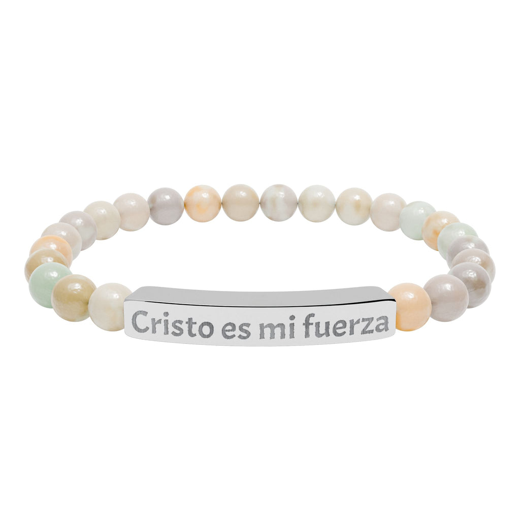 Pulsera elástica de piedra natural grabada — "Cristo es mi fuerza"