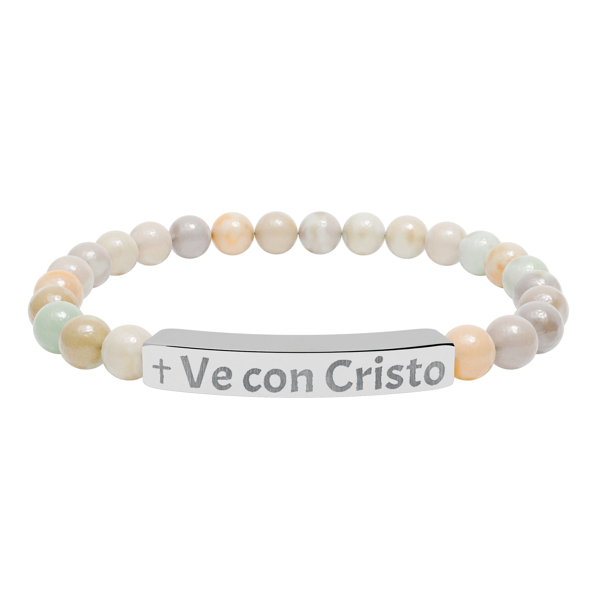 Engraved Natural Stone Bar Bracelet — "Ve con Cristo" Spiritual Beaded Bracelet