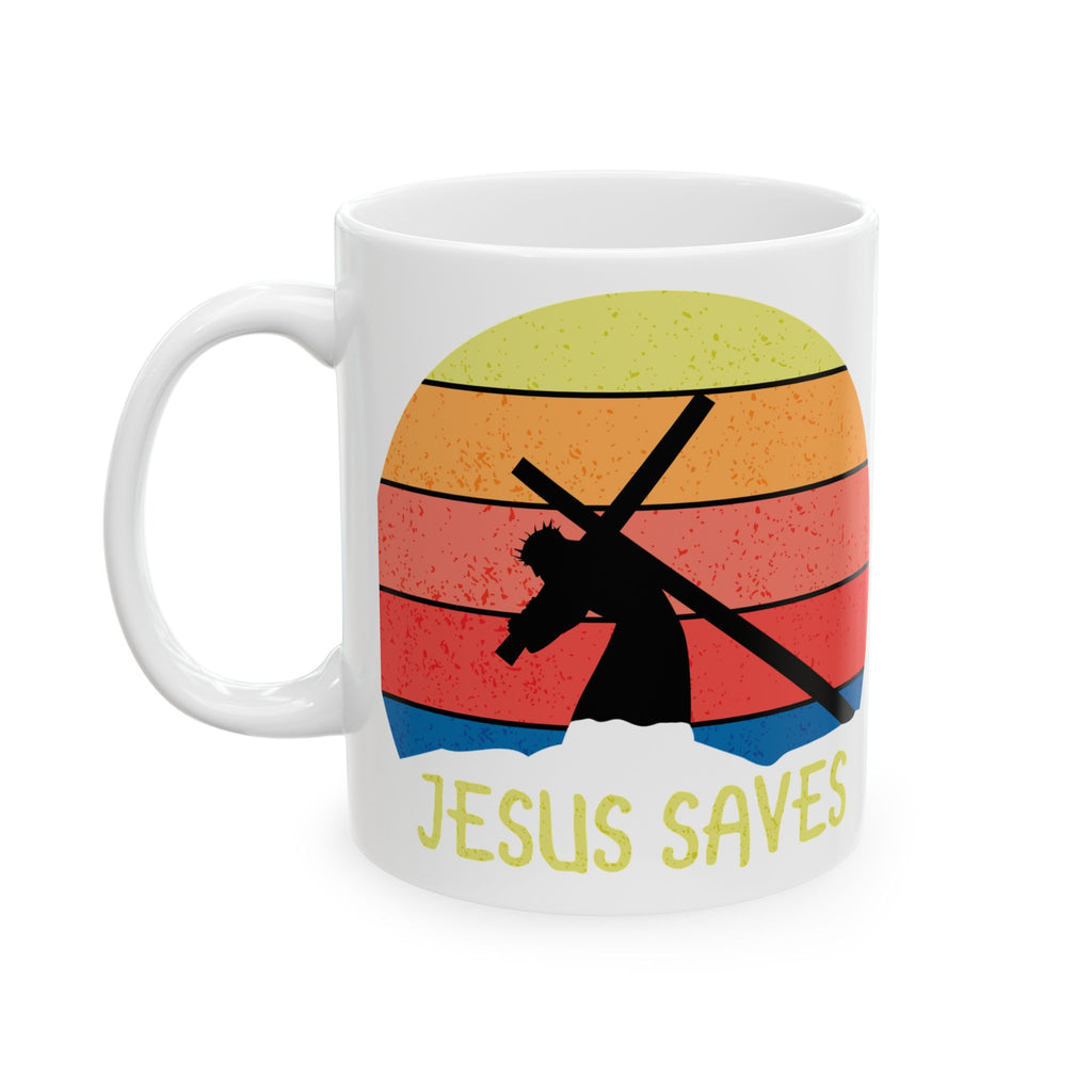 Jesus Saves Mug — Retro Sunset Christian Coffee Cup (11oz, 15oz)