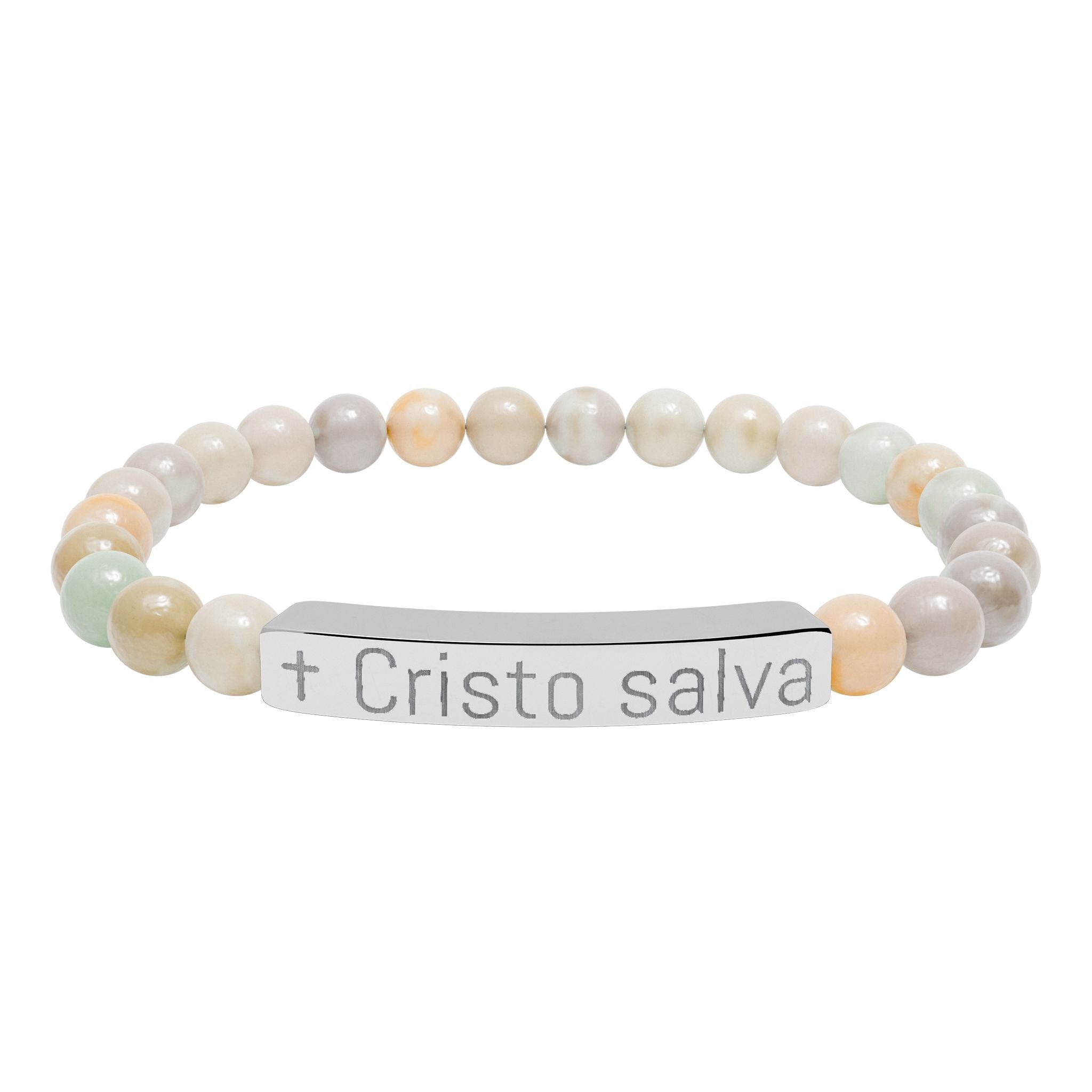 Engraved 'Cristo salva' Natural Stone Stretch Bracelet — Spiritual Beaded Bracelet