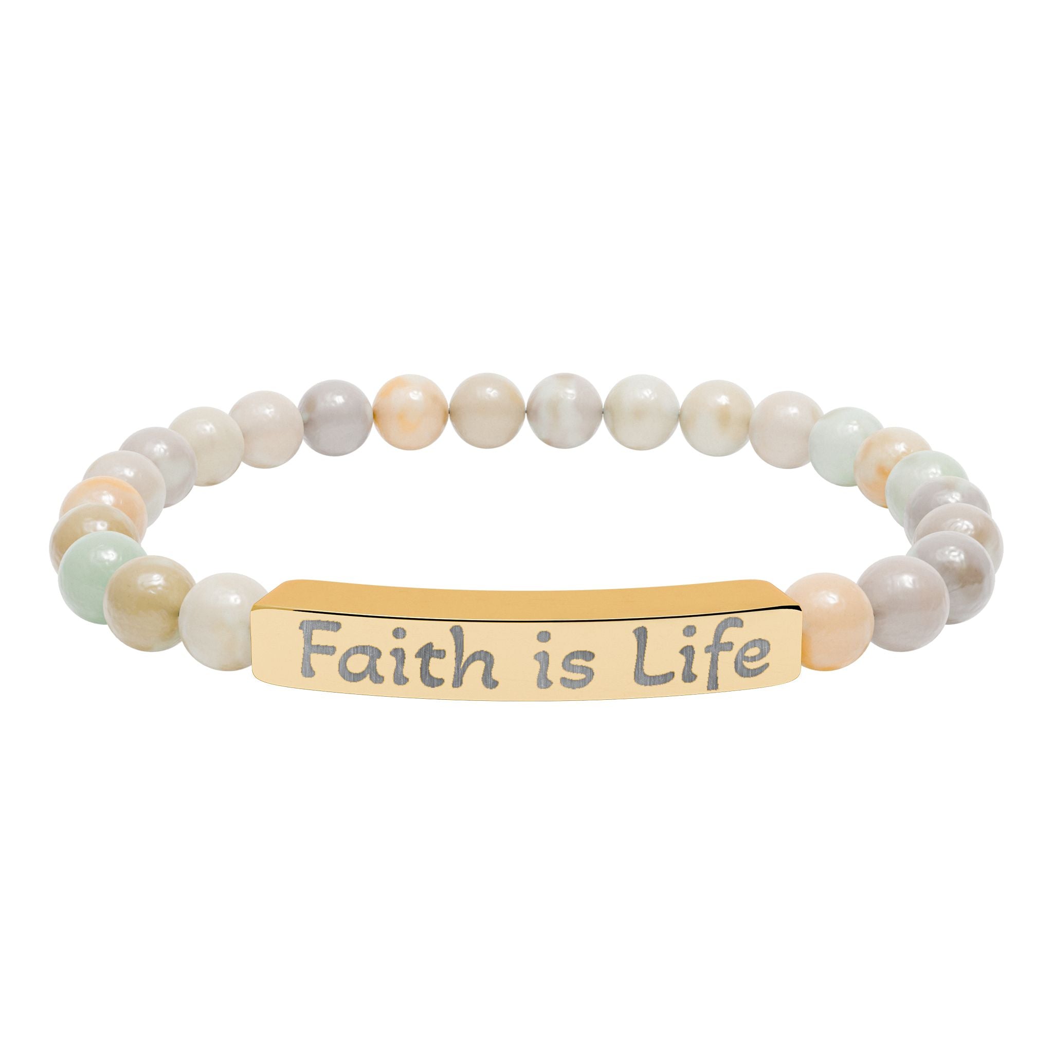 Faith is Life natural stone stretch bracelet | engraved bar bracelet