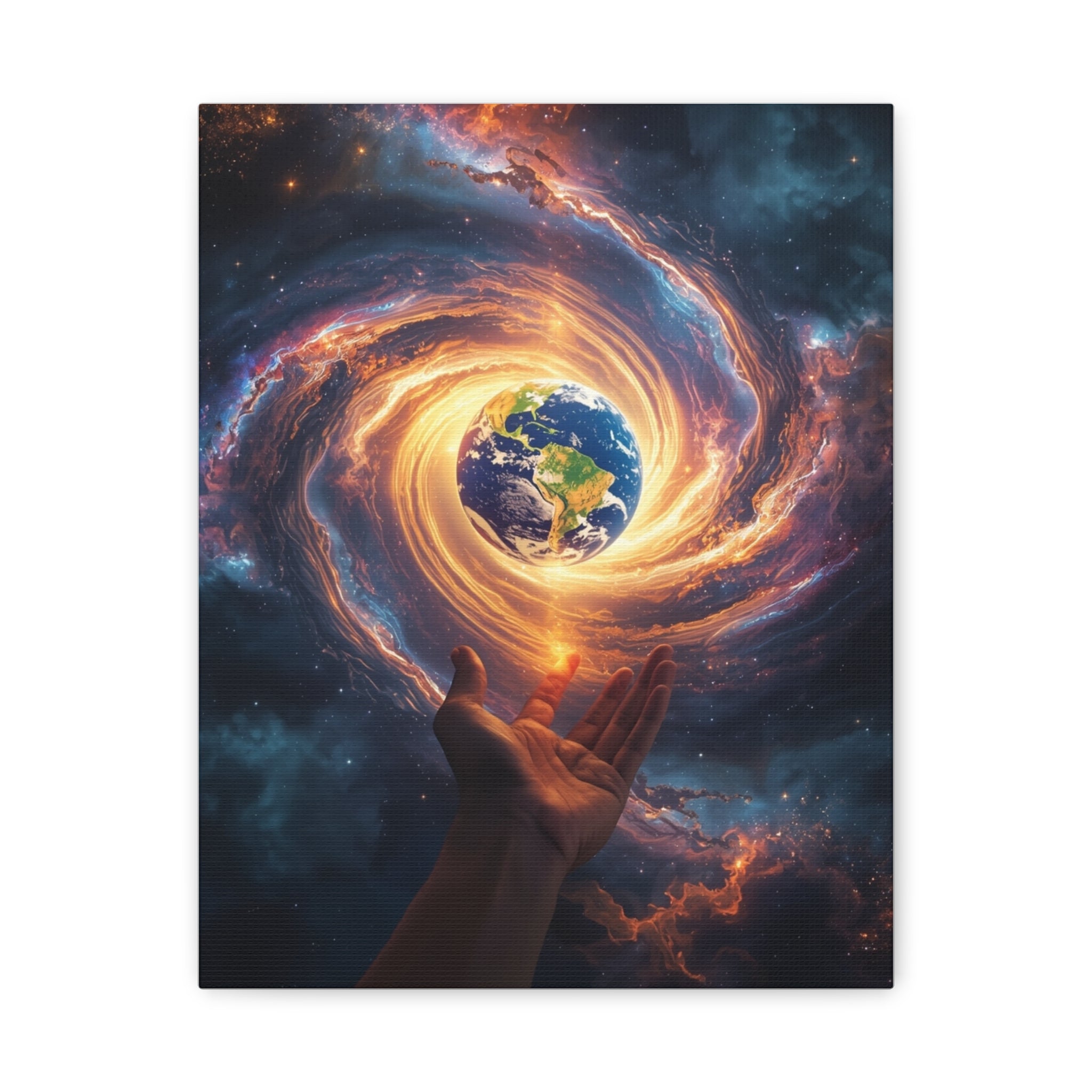 Cosmic Hands Earth Art Canvas — Surreal Galaxy Wall Decor