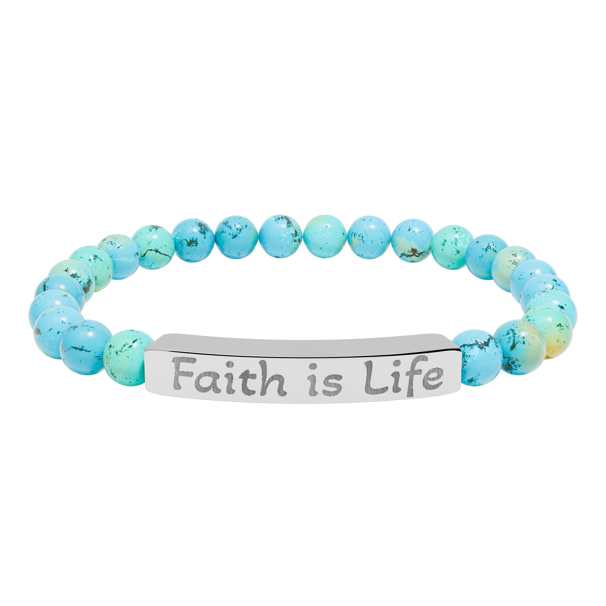 Faith is Life natural stone stretch bracelet | engraved bar bracelet