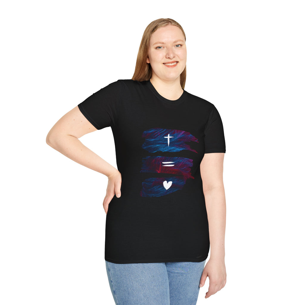Cross, Equals, Heart shirt | Christian faith brushstroke design T-Shirt