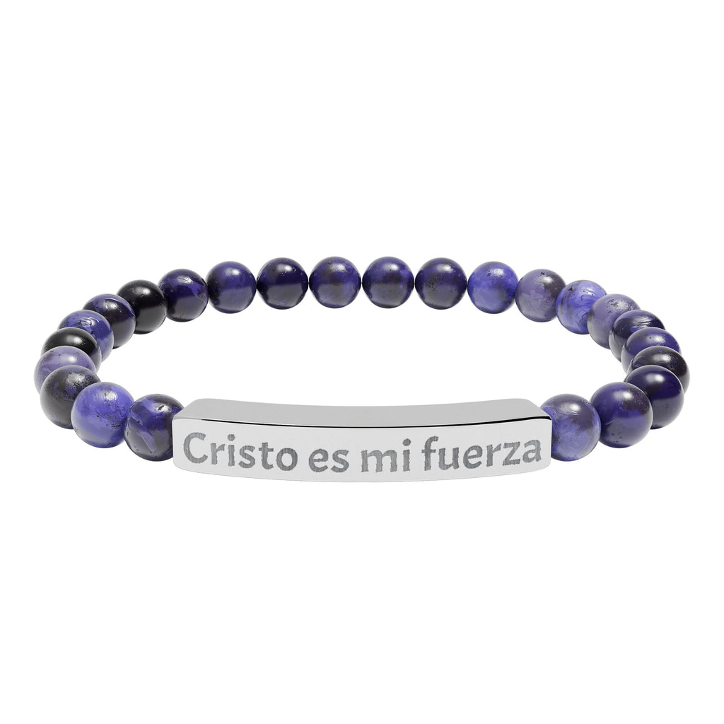 Pulsera elástica de piedra natural grabada — "Cristo es mi fuerza"