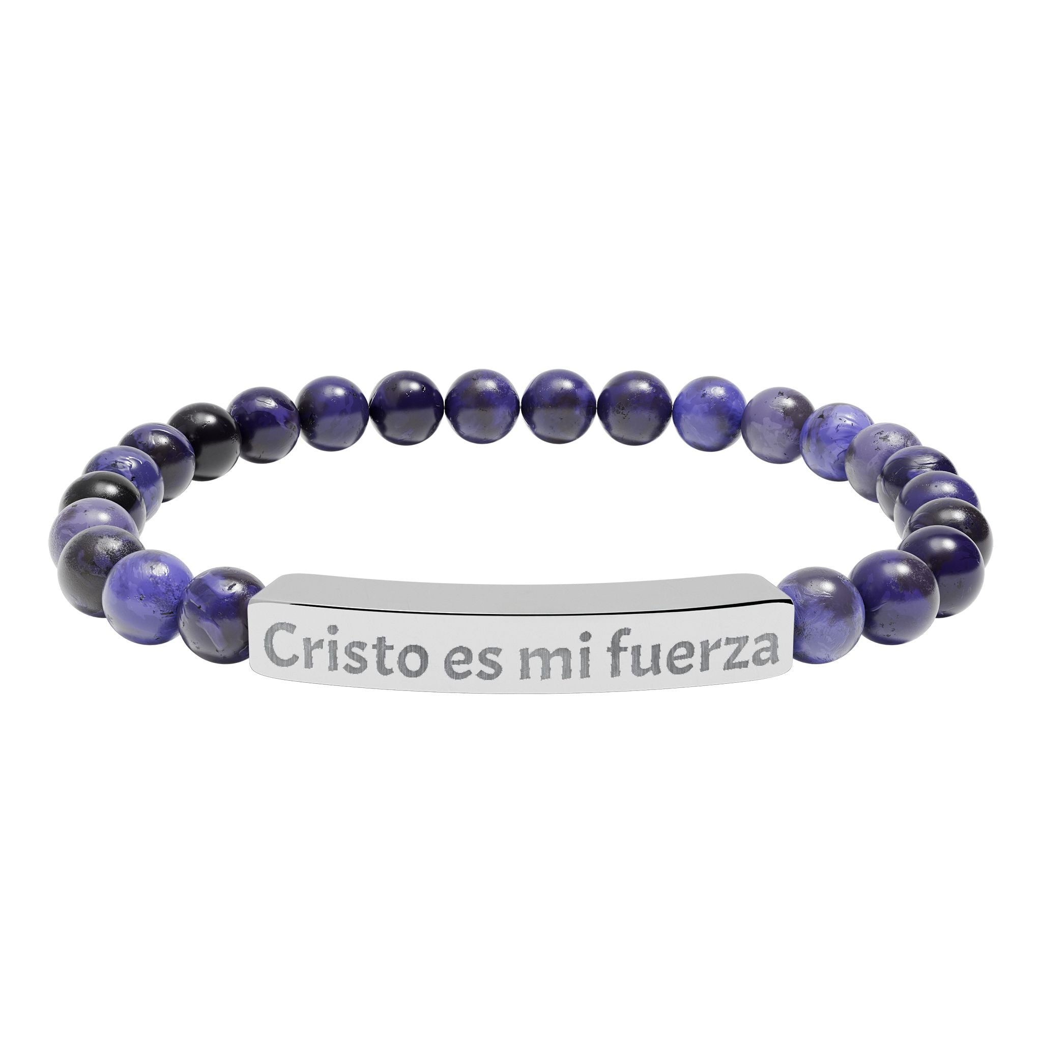 Engraved Natural Stone Bar Bracelet — "Cristo es mi fuerza" Stretch Bracelet