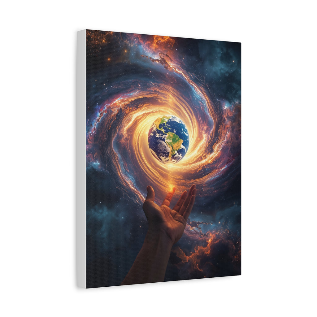 Cosmic Hands Earth Art Canvas — Surreal Galaxy Wall Decor