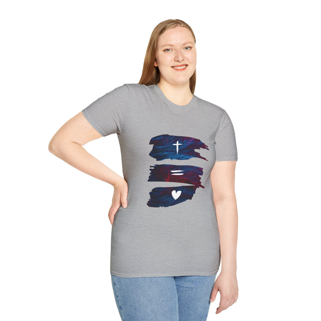Cross, Equals, Heart shirt | Christian faith brushstroke design T-Shirt