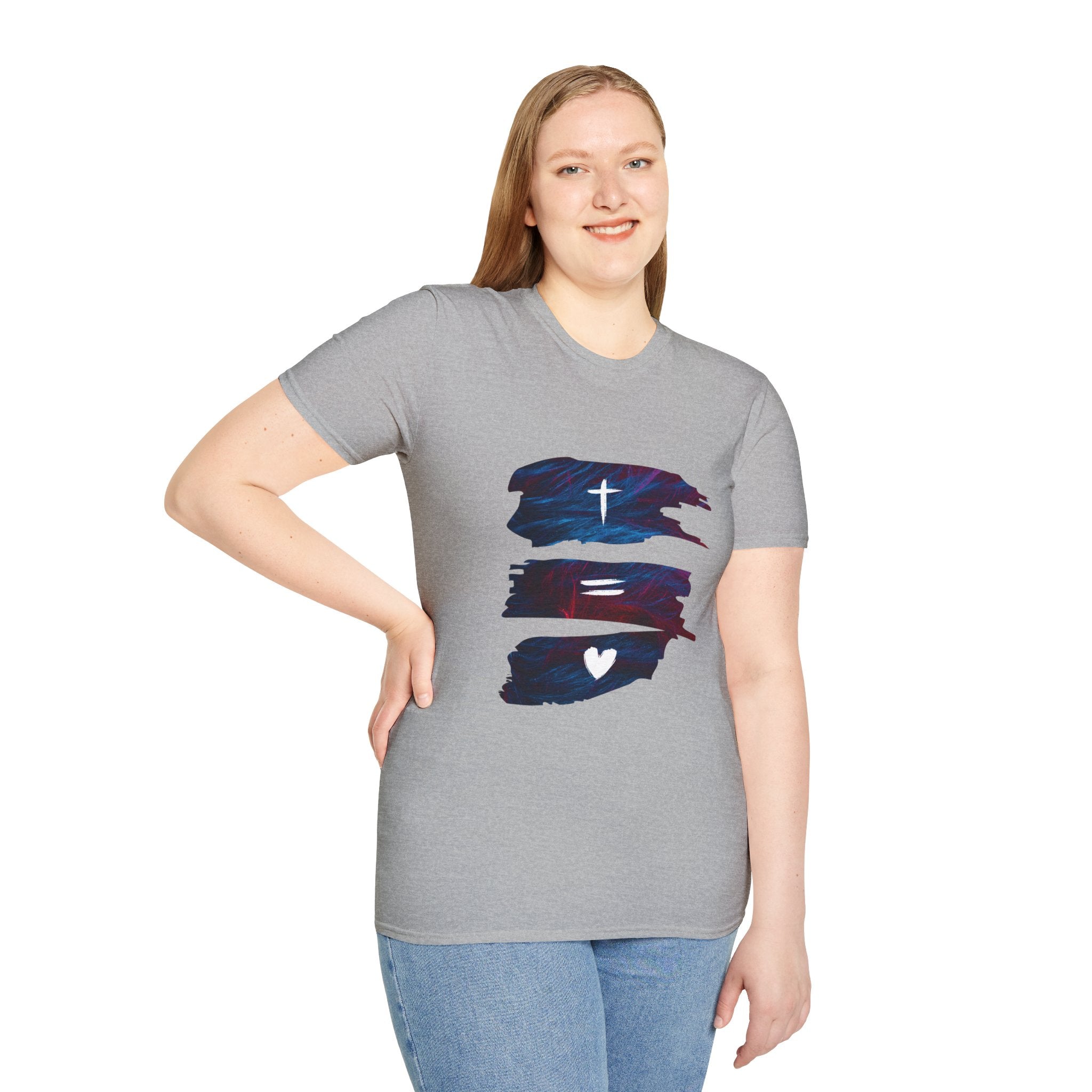 Cross, Equals, Heart shirt | Christian faith brushstroke design T-Shirt